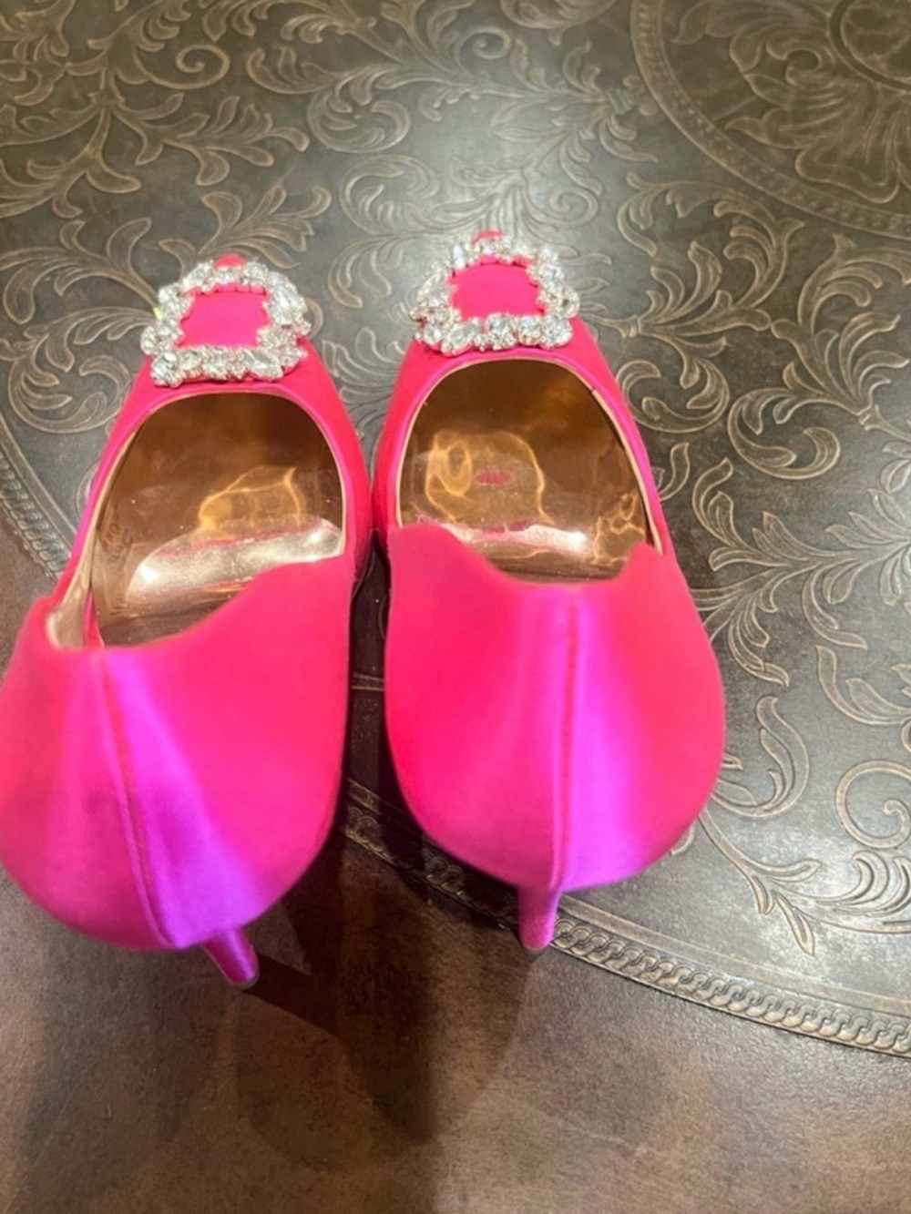Badgley Mischka Pink Satin Pointed-Toe Crystal Buckle Pump - Picture 3 of 6